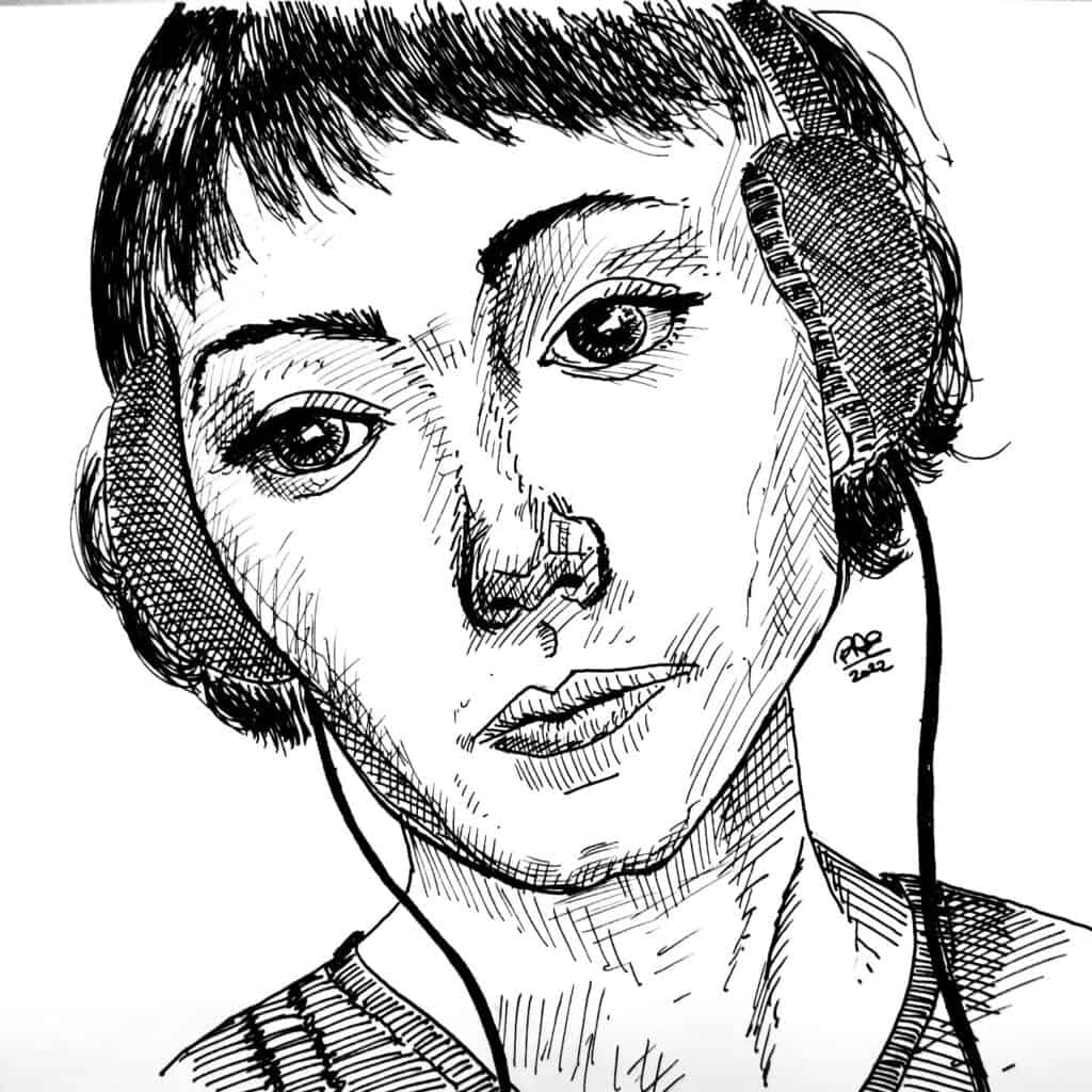 Sketched portrait of a woman wearing headphones