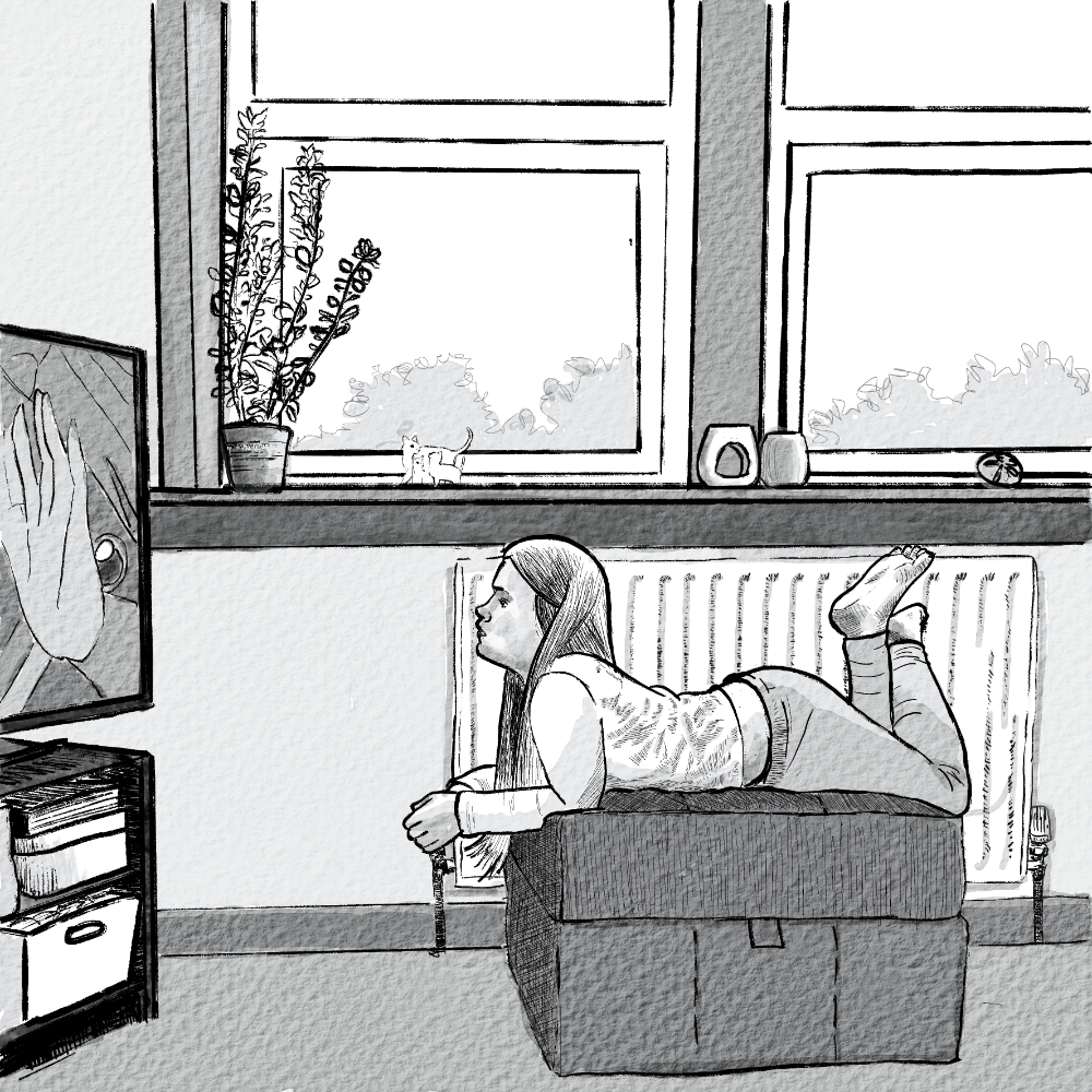 An illustration of my daughter watching TV painted in Procreate 5 using a couple of ink brushes and a free watercolour brush from Frankentoon