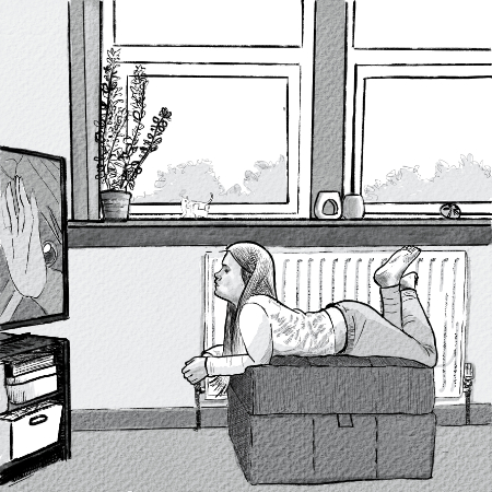 An illustration of a child watching television in a living room